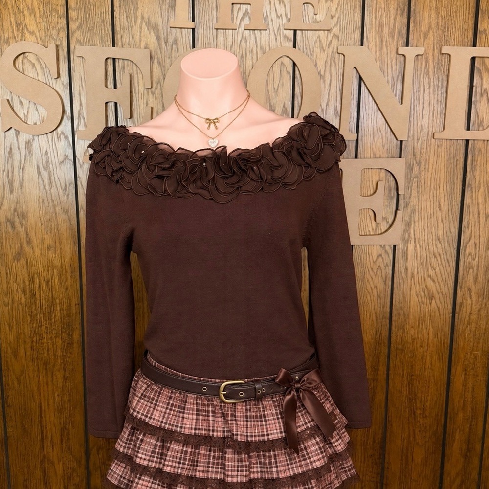 Y2K Brown Rosette Silk Blend Knit Top D & Y Womens S Off Shoulder Fairycore Twee